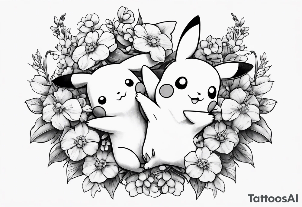 A loose bouquet of forget me knots and cute pikachu at the bottom holding the bouquet tattoo idea