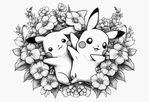 A loose bouquet of forget me knots and cute pikachu at the bottom holding the bouquet tattoo idea
