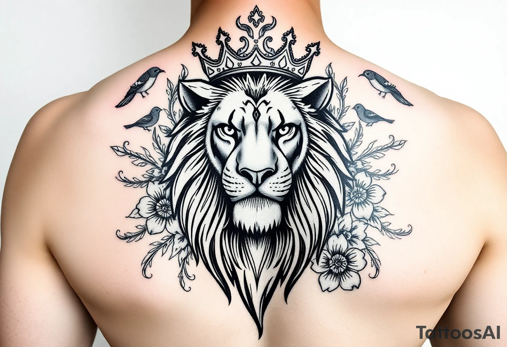 powerful majestic lion with a crown, surrounded by floral ornaments and birds tattoo idea
