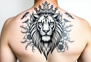 powerful majestic lion with a crown, surrounded by floral ornaments and birds tattoo idea