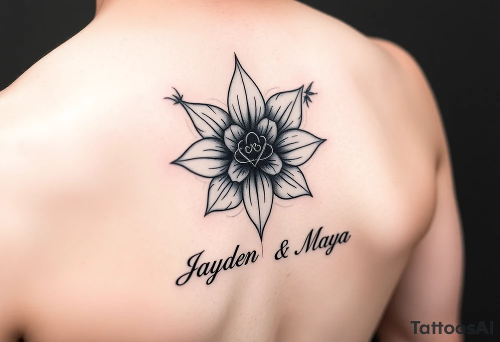January December july birth Flower with infinity sign and the names Jayden and Maya tattoo idea