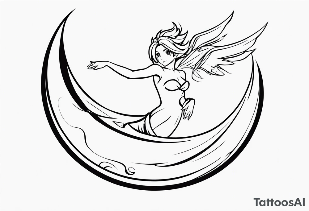 No color fairy with a tail inspired by the logo of the anime show called Fairy Tail in a fetal position leaning in and forward while in the air floating tattoo idea