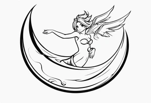No color fairy with a tail inspired by the logo of the anime show called Fairy Tail in a fetal position leaning in and forward while in the air floating tattoo idea