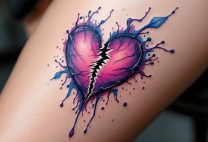 A heart being torn apart colored in deep purples and blues, symbolizing heartbreak and struggle. tattoo idea