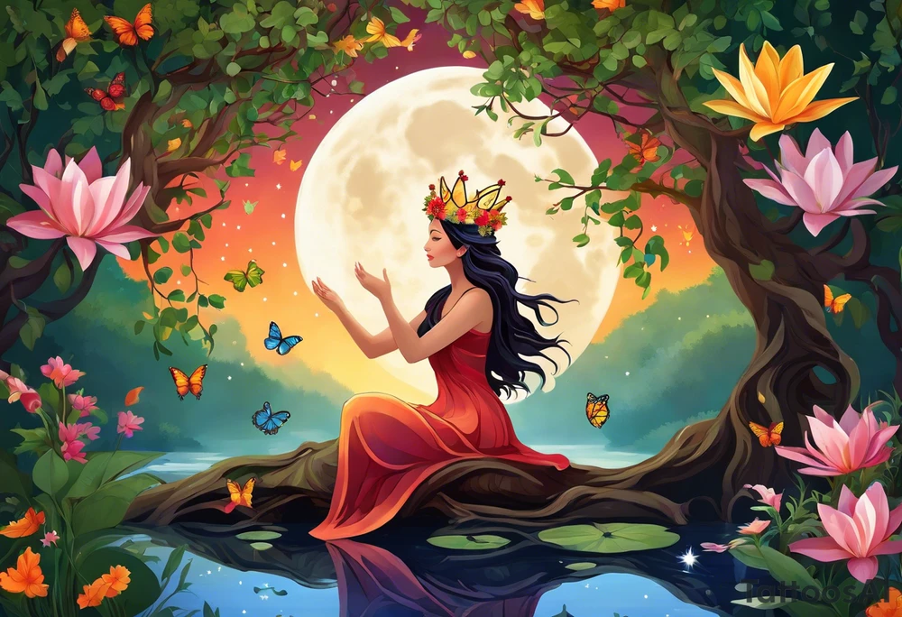 Beautiful woman made of tree, branches, and leaves surrounded by flowers. She is wearing a crown made of butterflies and has a pond and lilies near her feet with colorful vegetation. She is holding her arms upright and has her hands cupped above her head. Above her hands she has the moon, stars, and sun. The moon, stars, and sun have a flower accent. tattoo idea