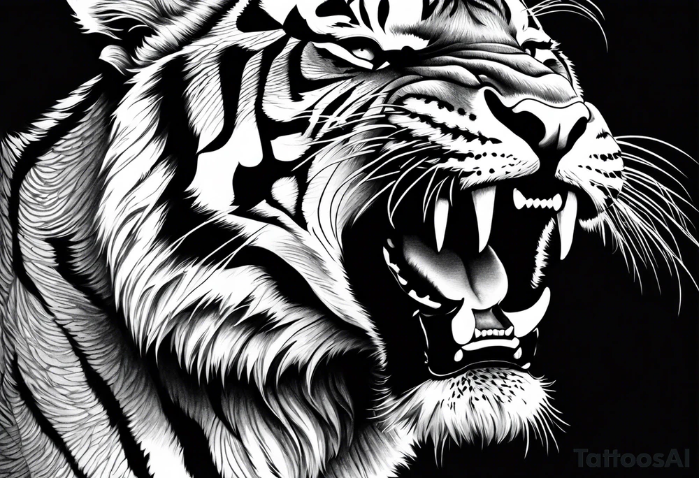 Photo Realism, highly detailed, Fierce tiger roaring tattoo idea