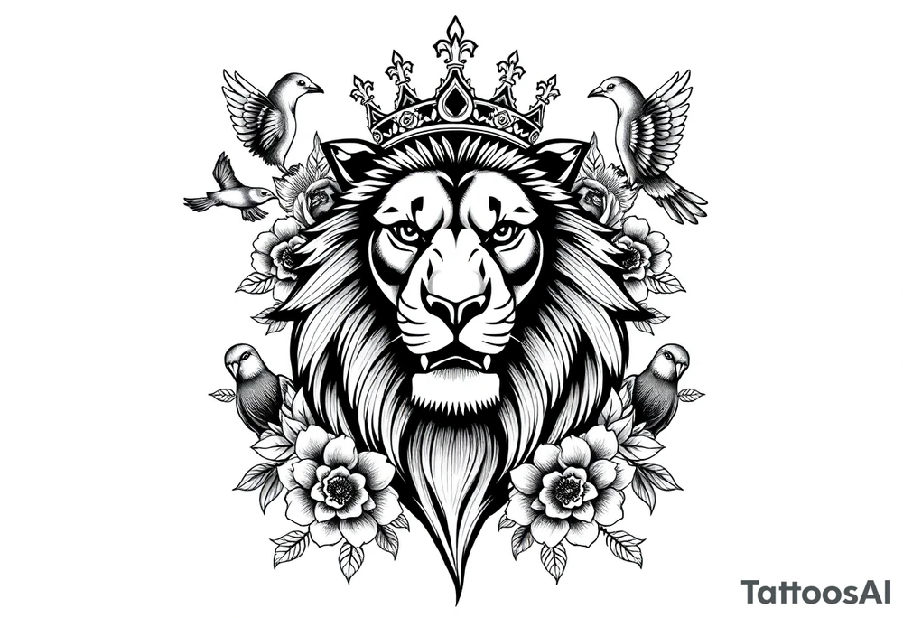 powerful majestic lion with a crown, surrounded by floral ornaments and birds tattoo idea