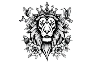 powerful majestic lion with a crown, surrounded by floral ornaments and birds tattoo idea