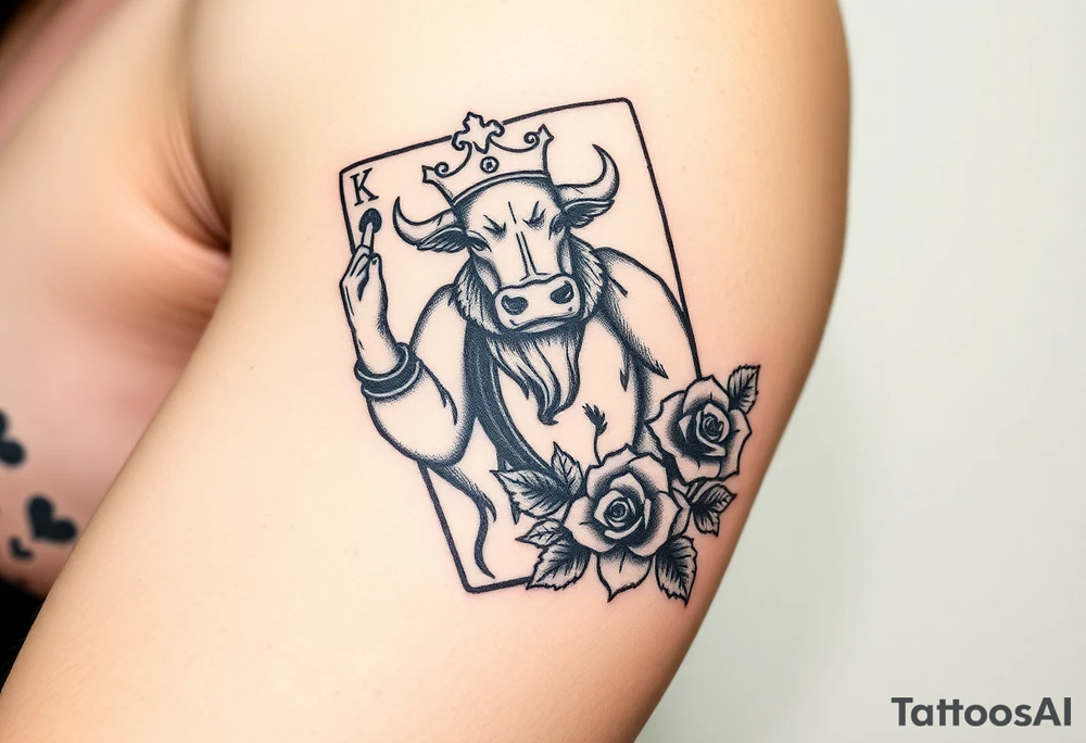 A king playing card with a highland cow, a small four leaf clover, a small spanner the card surrounded by roses tattoo idea