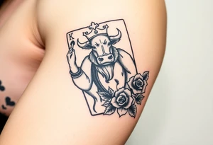 A king playing card with a highland cow, a small four leaf clover, a small spanner the card surrounded by roses tattoo idea