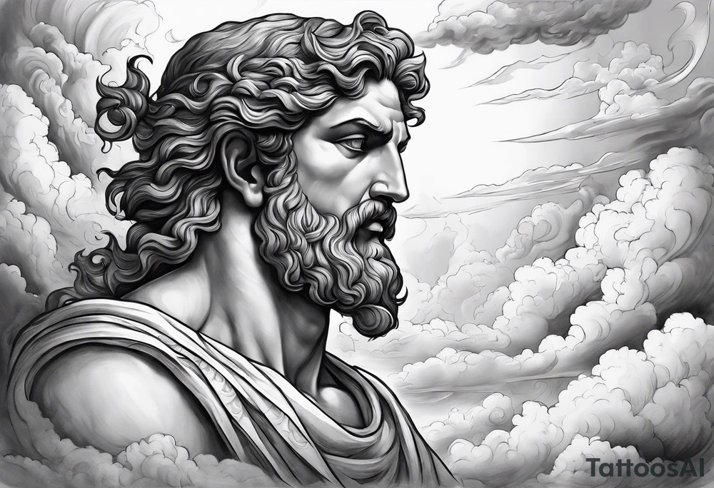 A full-length Greek god in the clouds tattoo idea