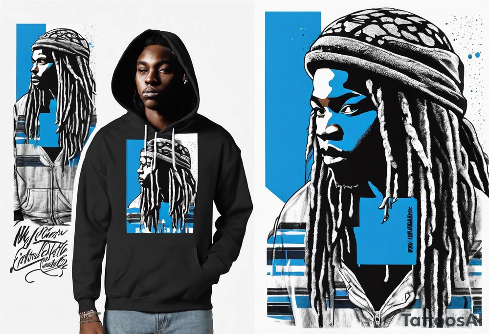 black well built teen with with a grey hoodie on and blue jeans with long dreads morphing 
into a blue wildcat in various spots on his body. I want his hoodie appear as if its been ripped in random places from the inside with I Carolina blue football jersey showing underneath that reads Camden tattoo idea