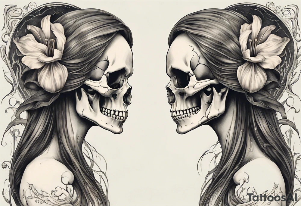 A profile view of a joyful female skull adorned with flowing, long hair, surrounded by symbolism representing the cycle of life and decay. Include a contrast between a fully decayed tulip, a pristine and vibrant tulip in full bloom, and a delicate tulip bud, all harmonizing with the eerie yet beautiful ambiance of the scene. tattoo idea