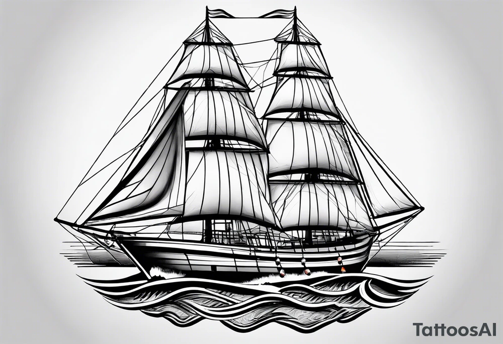 sailboat seen from the front. sail in the shape of a maritime lighthouse.phoenix drawn on the sail. tattoo idea