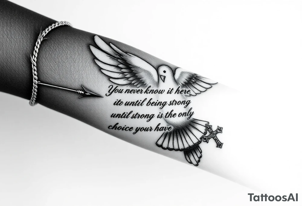 on the entire front arm the whole one its a black person skin and on the wrist is thorns on front of that is a dove and middle theres words that say you never know how strong you are until being strong is the only choice you have with prayer beads around all the words while also having a unique cross on the side of the dove near the area and and above the words theres also a bigger dove and i want a unwiue cross on the side of that too the diver is below the elbow also i want barbed wite wings on the doves and in the body of the dove by the wrist a small number 7 and on the body of the bigger dove i want it to say 1984 also do some nice shading around whats not filled kinda dark but like like super heavenly realistic clouds kinda super realistic and stuff this is all on the whole feont arm covering it tattoo idea