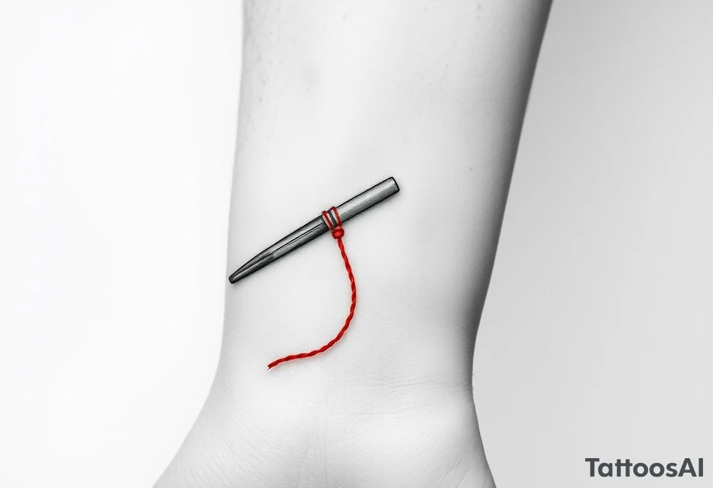 chinese chopsticks with a red thread by the end of it,
about 5cm long , 1 cm wide
it goes into the anterior part of the left wrist tattoo idea