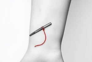 chinese chopsticks with a red thread by the end of it,
about 5cm long , 1 cm wide
it goes into the anterior part of the left wrist tattoo idea