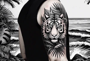 Full arm tattoo sleeve design.  Small minimalist tiger coming down front of shoulder, monstera foliage on forearm, beach landscape on bicep tattoo idea