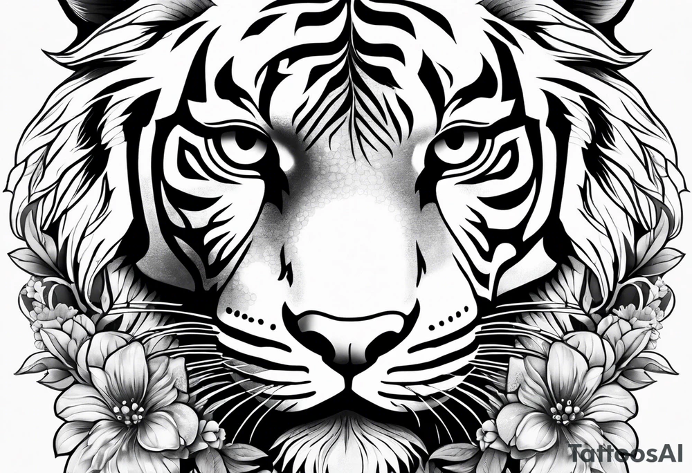 black and white feminine tiger tattoo with floral design and filigree, feminine tattoo idea