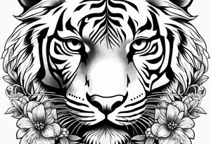 black and white feminine tiger tattoo with floral design and filigree, feminine tattoo idea