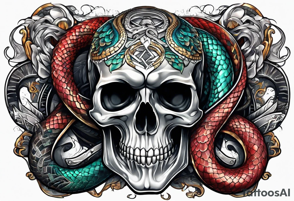skull and snake wirh 4 colors tattoo idea