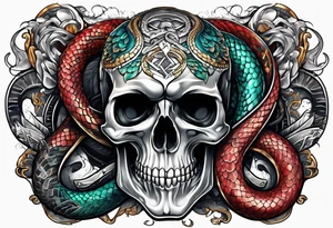 skull and snake wirh 4 colors tattoo idea