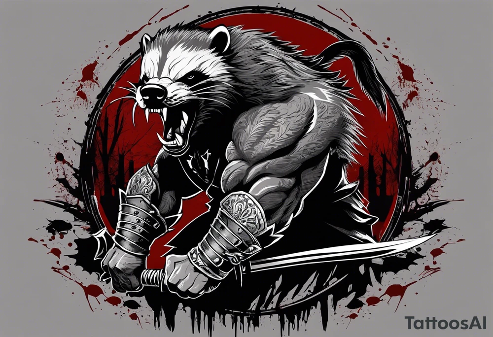 Draw me psychopath Honey Badger/Berserker/Assasin with aggressive full body, killer face with a scary smile, very long nails and he attacks like a Bloody Assassin/Warrior/Gladiator to us and also, he has very deadly looking. He fights with his nails only. Everybody scares after their first sight. Give me horror type Badger Tattoo. I want to see his Realistic full body with no weapons. You can show destruction at the back. tattoo idea