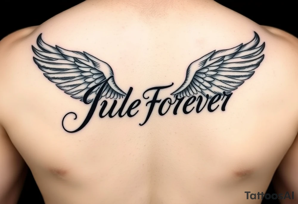 The name Julie Forever spelling in an angelic font and style. Tattoo will be placed on bottom leg. tattoo idea