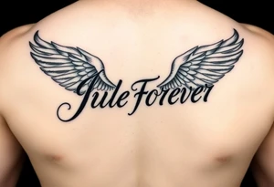 The name Julie Forever spelling in an angelic font and style. Tattoo will be placed on bottom leg. tattoo idea