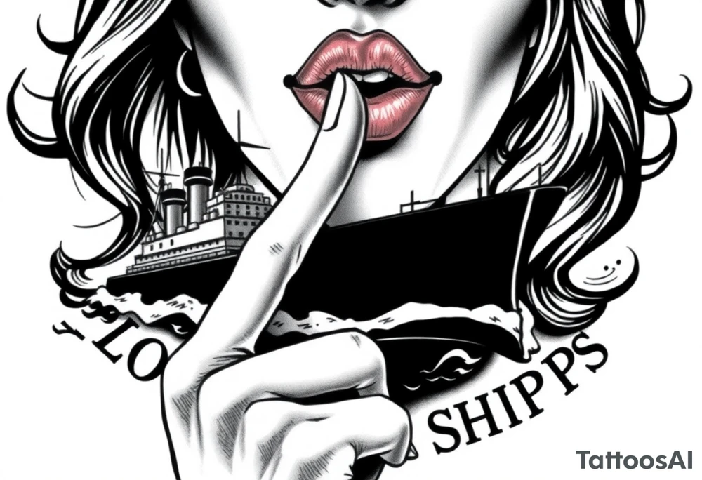 Modernised representation of war propaganda: Loose lips sink ships. Must include ship and a woman with her finger to her lips tattoo idea