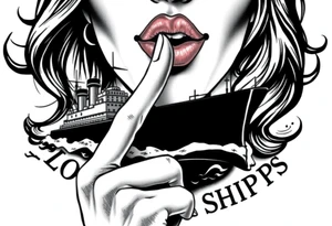 Modernised representation of war propaganda: Loose lips sink ships. Must include ship and a woman with her finger to her lips tattoo idea