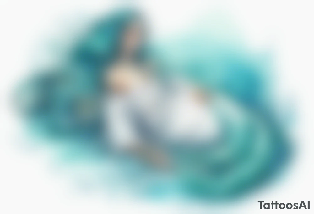 A beautiful undine with turquois scales wearing a white robe, laying on the shore tattoo idea