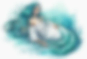 A beautiful undine with turquois scales wearing a white robe, laying on the shore tattoo idea