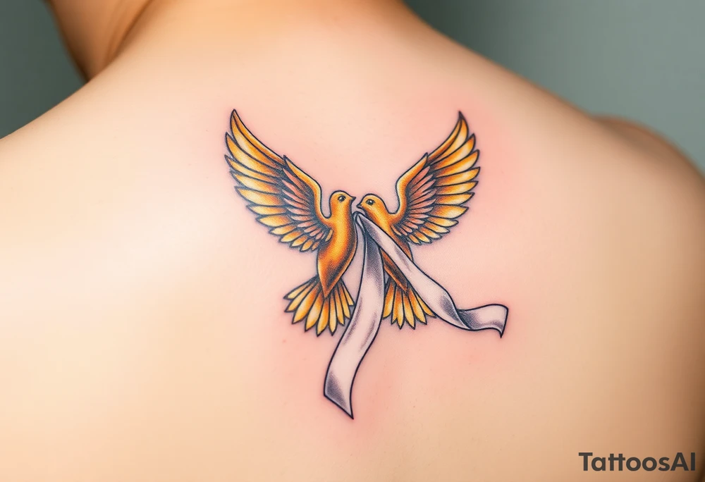 A pair of golden doves holding a soft white silk ribbon, with their wings gently touching tattoo idea