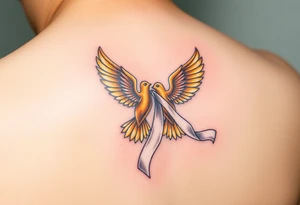 A pair of golden doves holding a soft white silk ribbon, with their wings gently touching tattoo idea