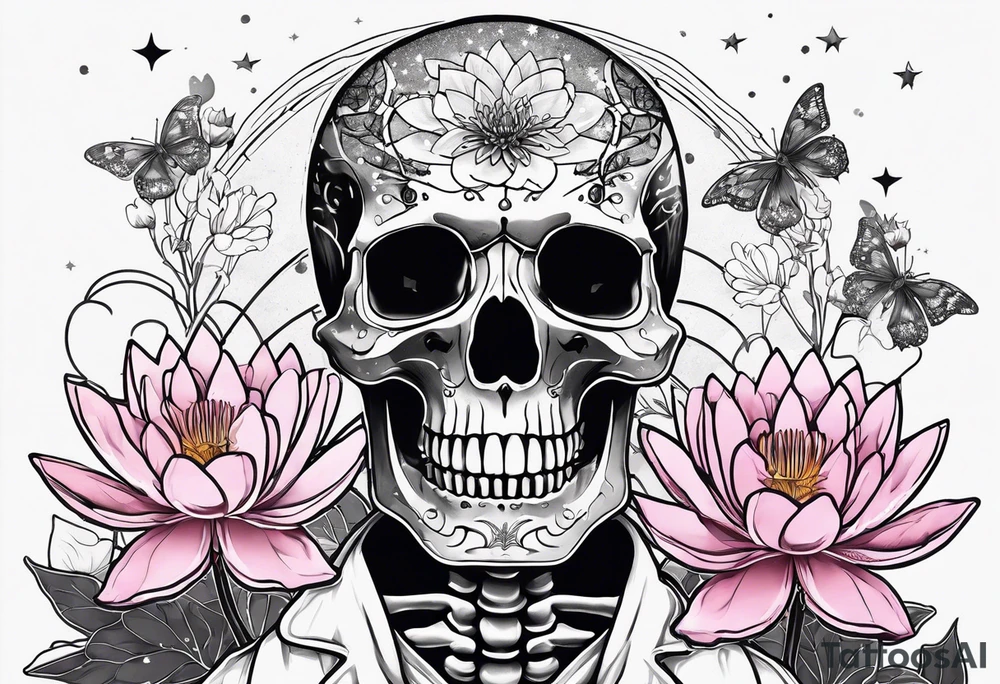 skeleton wearing lab coat, water lily, cherry blossoms, space and stars tattoo idea
