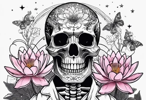 skeleton wearing lab coat, water lily, cherry blossoms, space and stars tattoo idea