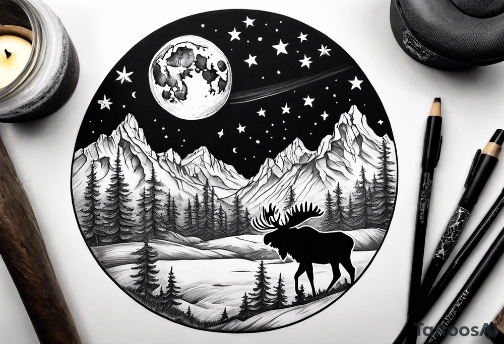 Half sleeve of Teton mountain range with moon and stars in the sky, two moose somewhere in picture tattoo idea