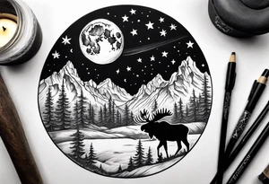 Half sleeve of Teton mountain range with moon and stars in the sky, two moose somewhere in picture tattoo idea