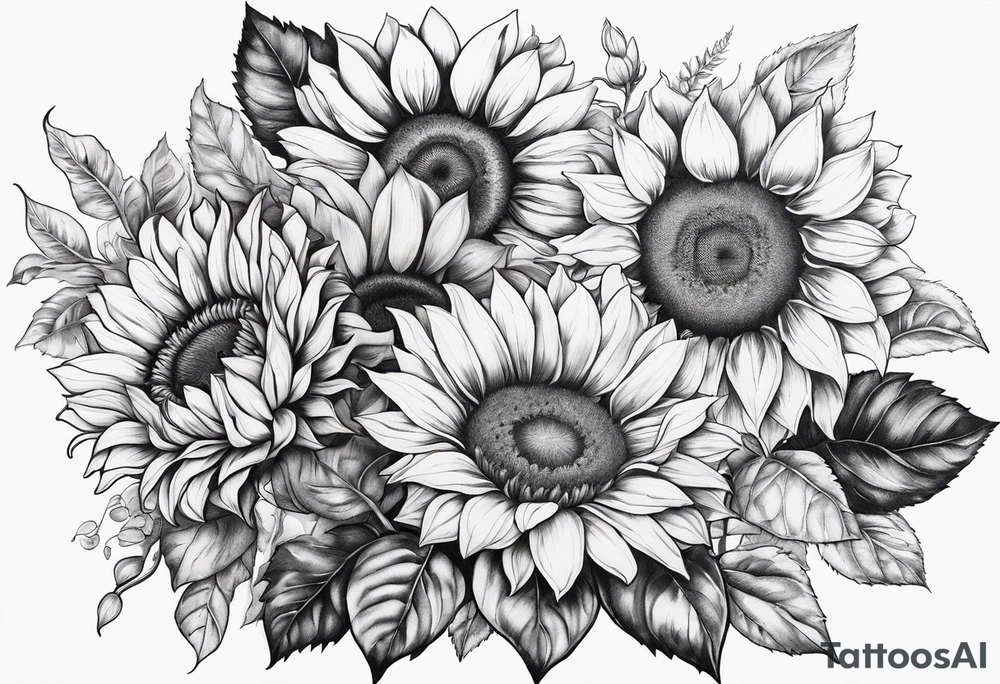 My moms name Araceli in cursive four sunflowers and shading all around tattoo idea