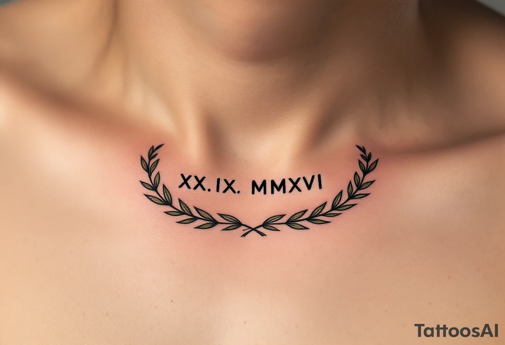 XX.IX.MMXVI in clean black script under the collarbone, paired with laurel leaf outlines in olive green tattoo idea