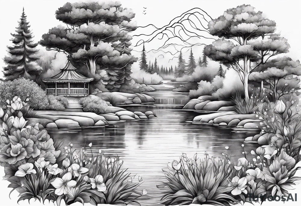 hidden garden, flowers, lake, secret landscape, beautiful tattoo idea