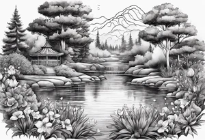 hidden garden, flowers, lake, secret landscape, beautiful tattoo idea