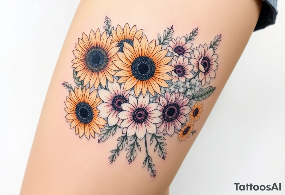 Bouquet of sunflowers, water Lillies, dahlias, marigolds, carnations, hydrangeas, daisys, and chrysanthemums tattoo idea