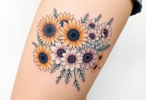 Bouquet of sunflowers, water Lillies, dahlias, marigolds, carnations, hydrangeas, daisys, and chrysanthemums tattoo idea