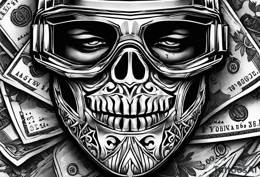 Ski mask biting a handful of money tattoo idea