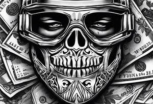 Ski mask biting a handful of money tattoo idea