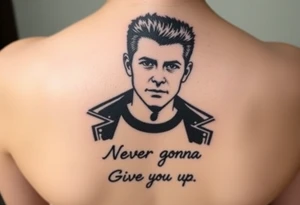 Rick Astley's Face, shoulders, Black jacket, Black and White T-shirt outline with text "Never Gonna Give You Up" tattoo idea