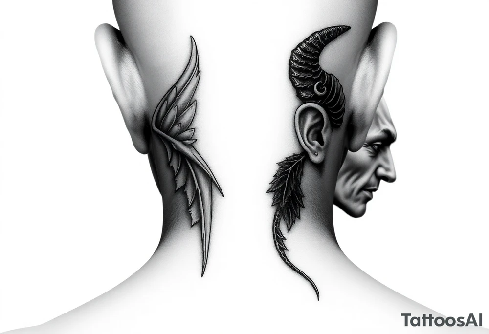 position behind the neck Angel (on the right) whispering in the right ear, demon (on the left) whispering in the left ear. It must be as realistic as possible. tattoo idea