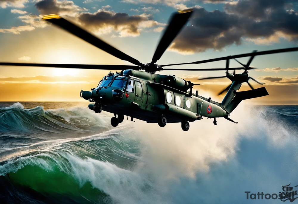 A cinematic-style tattoo depicting a Canadian military CH-148 Cyclone helicopter performing a daring maneuver over a turbulent ocean. The sky should be filled with dramatic clouds, and the sun should be setting, casting long shadows. The helicopter should be the main focus, with intricate details and a sense of motion. In the background, a poppy should be prominently displayed, and a quote from 'Lest We Forget' should be included, black and white tattoo tattoo idea